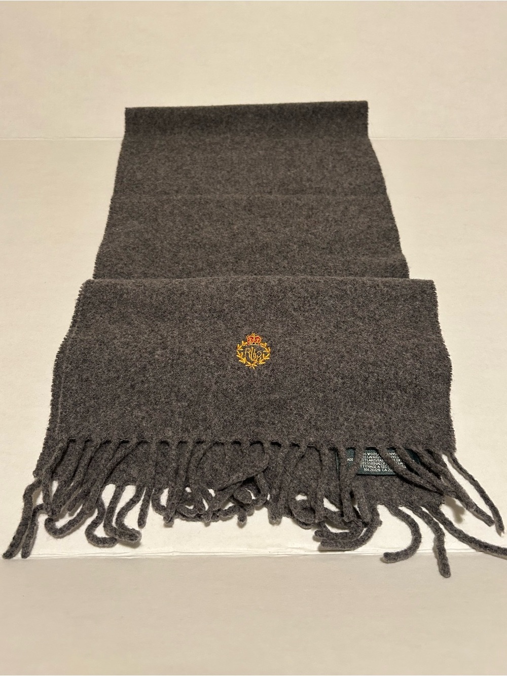 Ralph Lauren Embroidered Crest Fringe Scarf (Charcoal)